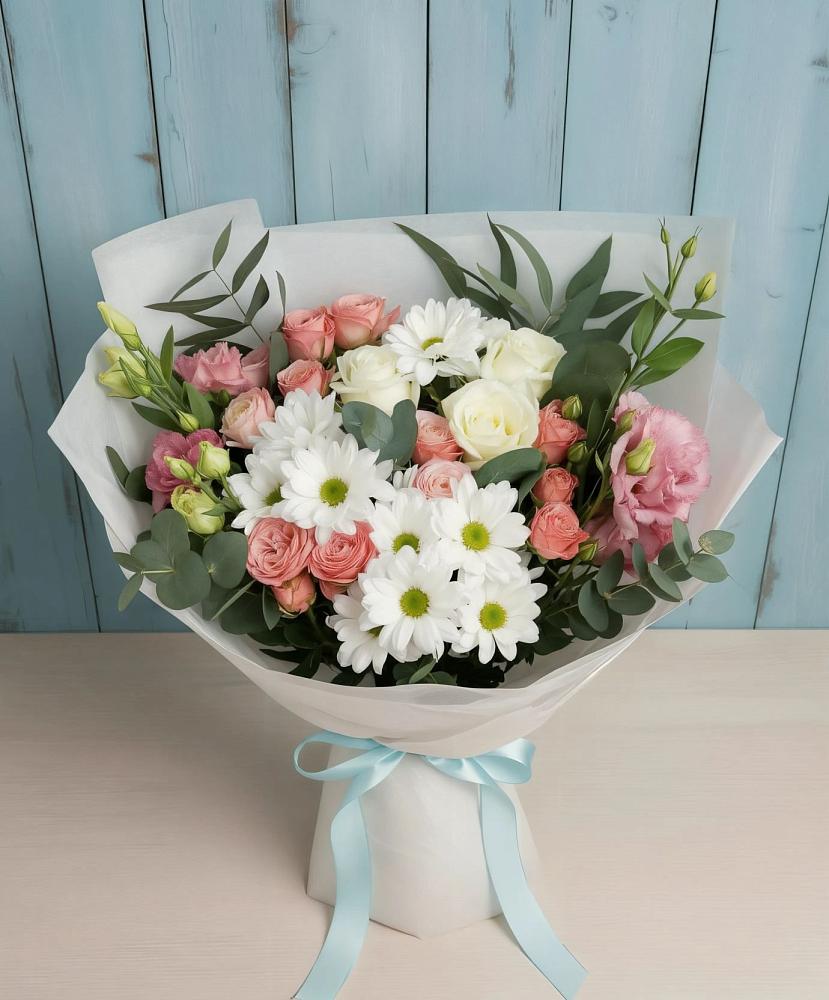 Букет цветов из: Розы, Лизиантусы и Хризантемы в Немчиновке