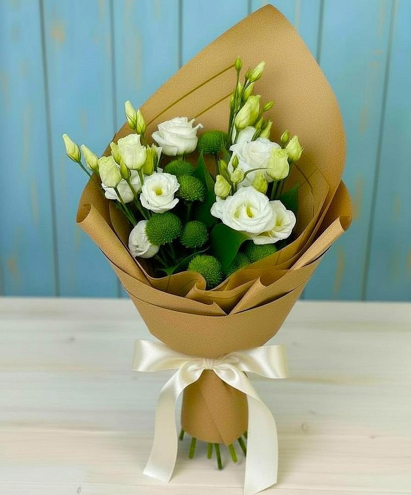 Букет цветов из: Хризантемы и Лизиантусы в Немчиновке