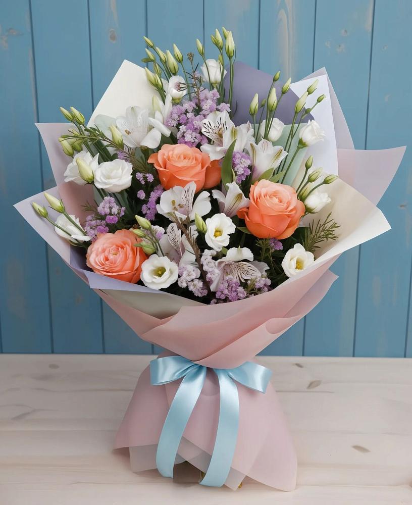 Букет цветов из: Лизиантусы, Розы, Альстромерии и Гипсофила в Немчиновке