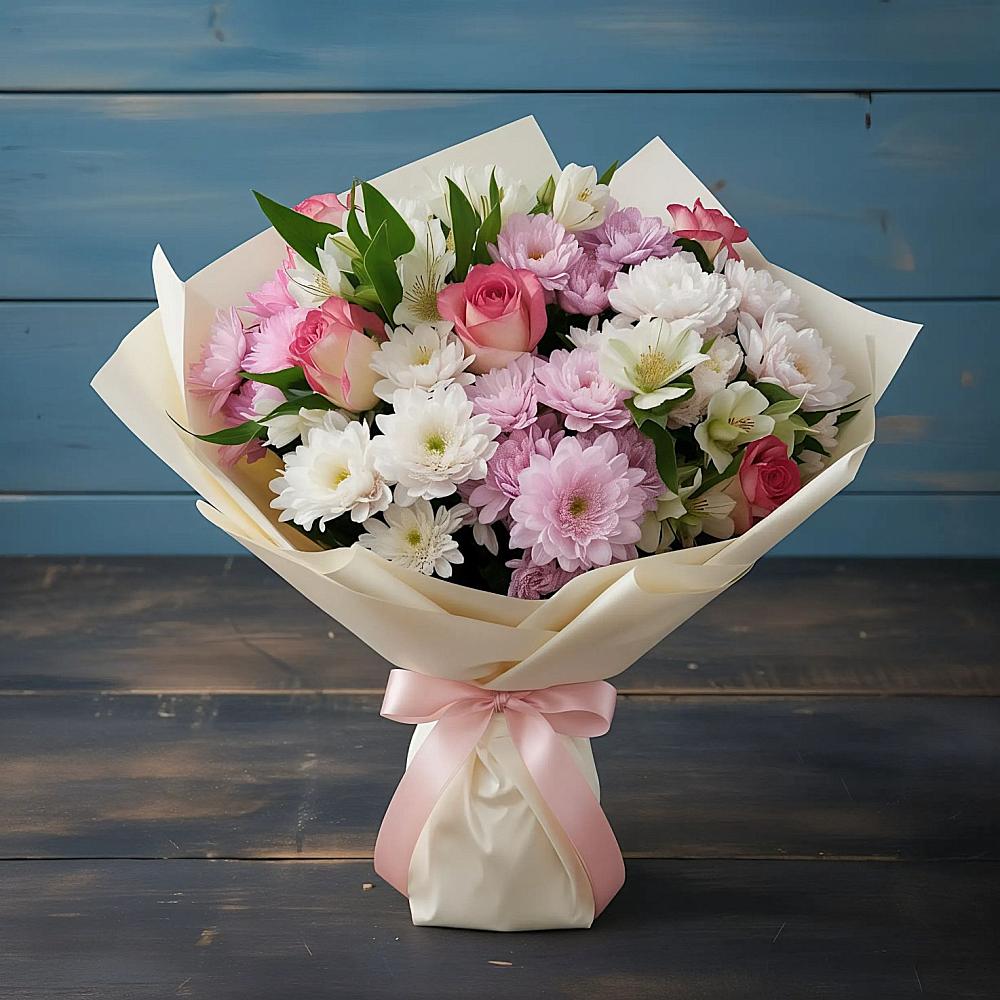 Букет цветов из: Хризантемы, Альстромерии и Розы в Немчиновке